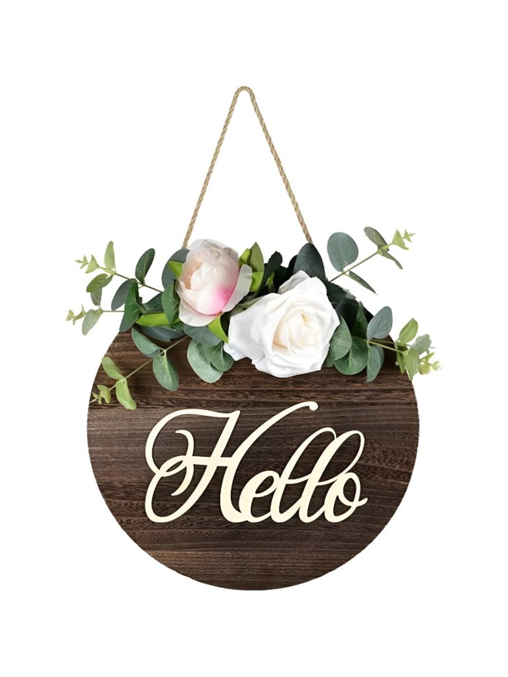 Artificial Rose Flower Welcome Sign, Hanging Wodden Porch Sign with Silk Roses